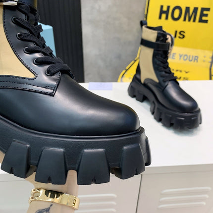 PRADA 25S MONOLITH BRUSHED AND RE NYLON BOOTS WITH POUCH BLACK AND MUTED OLIVE