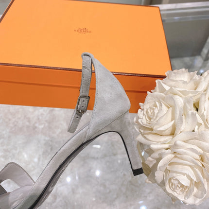 PREMIERE 70 SANDAL IN PALE GRAY SUEDE WITH CRYSTALS