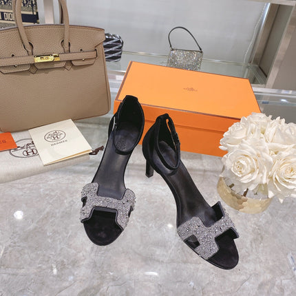 PREMIERE 70 SANDAL IN BLACK SUEDE WITH WHITE CRYSTALS