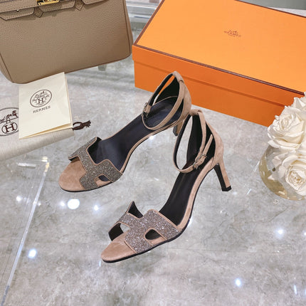 PREMIERE 70 SANDAL IN LIGHT BROWN SUEDE WITH CRYSTALS