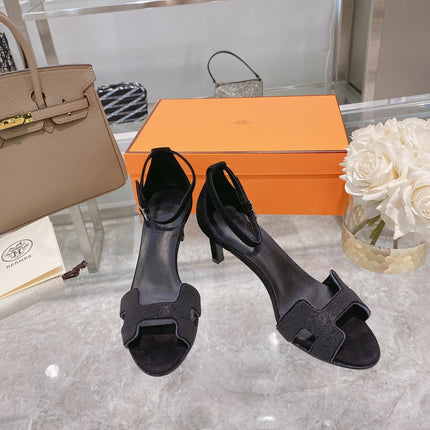 PREMIERE 70 SANDAL IN BLACK SUEDE WITH CRYSTAL