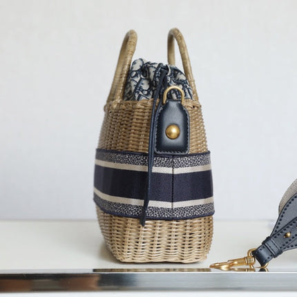 LARGE 28 BASKET BAG IN BLACK OBLIQUE JACQUARD AND BEIGE WICKER