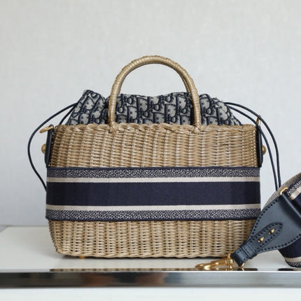 LARGE 28 BASKET BAG IN BLACK OBLIQUE JACQUARD AND BEIGE WICKER
