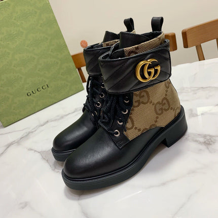 LACE-UP ANKLE BOOTS WITH DOUBLE G BUCKLE IN BEIGE CANVAS AND BLACK SHEEPSKIN