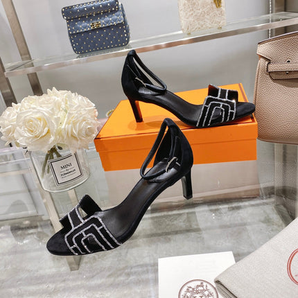 PREMIERE 70 SANDAL IN BLACK SUEDE WITH RHINSTONES