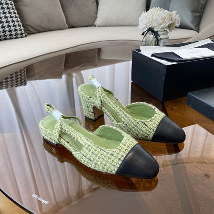 SLINGBACKS IN LIGHT GREEN FABRIC AND BLACK CALFSKIN