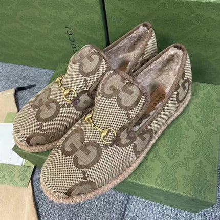 GG HORSEBIT LOAFER IN ECRU BEIGE WOVEN FABRIC AND WOOL MIX LAMB FUR LINING