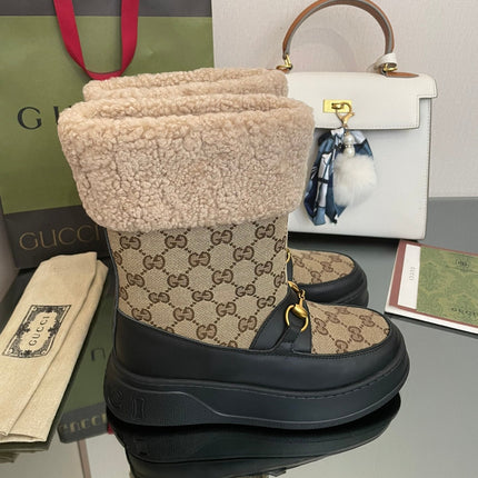 HORSEBIT SNOW ANKLE BOOTS IN ECRU BEIGE MONOGRAM JACQUARD FABRIC MIX BLACK CALFSKIN AND LAMB WOOL LINING