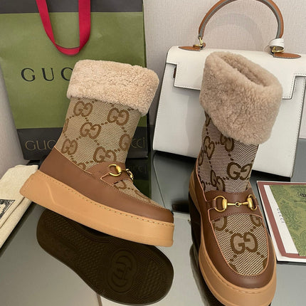 HORSEBIT SNOW ANKLE BOOTS IN ECRU BEIGE MONOGRAM JACQUARD FABRIC MIX BROWN CALFSKIN AND LAMB WOOL LINING