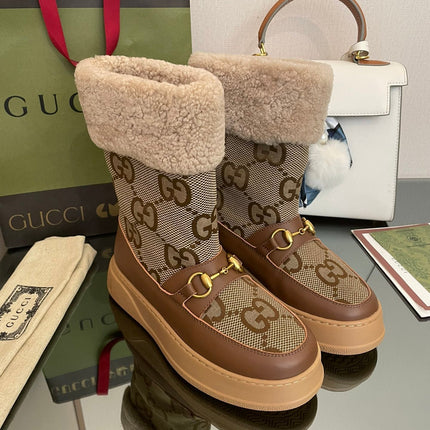 HORSEBIT SNOW ANKLE BOOTS IN ECRU BEIGE MONOGRAM JACQUARD FABRIC MIX BROWN CALFSKIN AND LAMB WOOL LINING