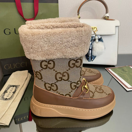 HORSEBIT SNOW ANKLE BOOTS IN ECRU BEIGE MONOGRAM JACQUARD FABRIC MIX BROWN CALFSKIN AND LAMB WOOL LINING