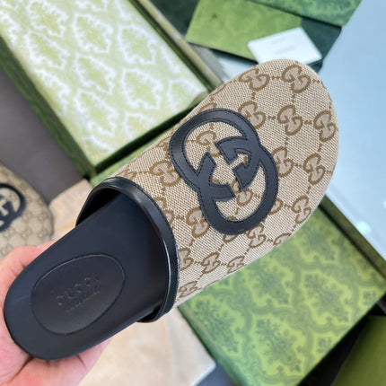 INTERLOCKING G MULE IN BEIGE MONOGRAM CANVAS AND LEATHER