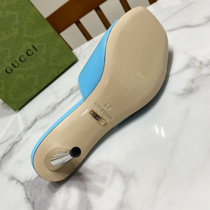 GG HIGH HEELS BLONDIE 75 IN SKY BLUE LAMBSKIN WITH GOLD HARDWARE