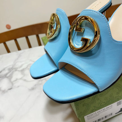 GG HIGH HEELS BLONDIE 75 IN SKY BLUE LAMBSKIN WITH GOLD HARDWARE