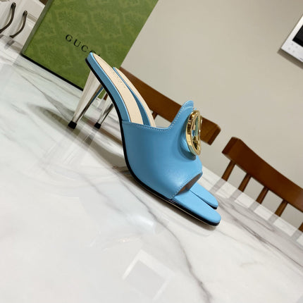 GG HIGH HEELS BLONDIE 75 IN SKY BLUE LAMBSKIN WITH GOLD HARDWARE