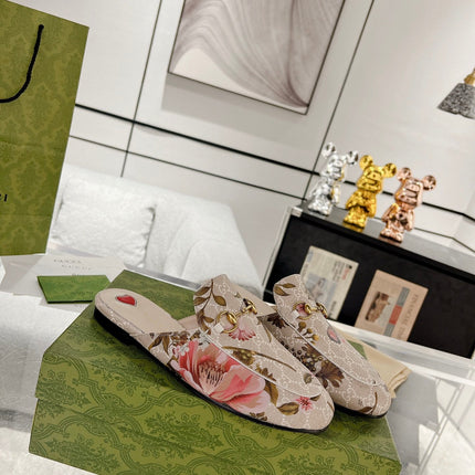 HORSEBIT FLOWER SLIPPER MULE IN LINEN BEIGE MONOGRAM JACQUARD FABRIC