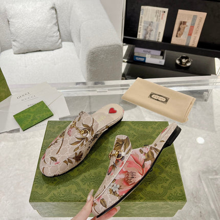 HORSEBIT FLOWER SLIPPER MULE IN LINEN BEIGE MONOGRAM JACQUARD FABRIC