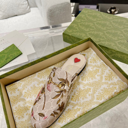 HORSEBIT FLOWER SLIPPER MULE IN LINEN BEIGE MONOGRAM JACQUARD FABRIC