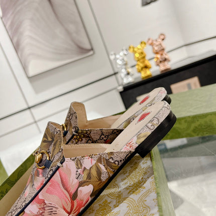 HORSEBIT FLOWER SLIPPER MULE IN DARK BEIGE MONOGRAM JACQUARD FABRIC