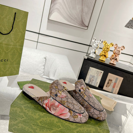 HORSEBIT FLOWER SLIPPER MULE IN DARK BEIGE MONOGRAM JACQUARD FABRIC