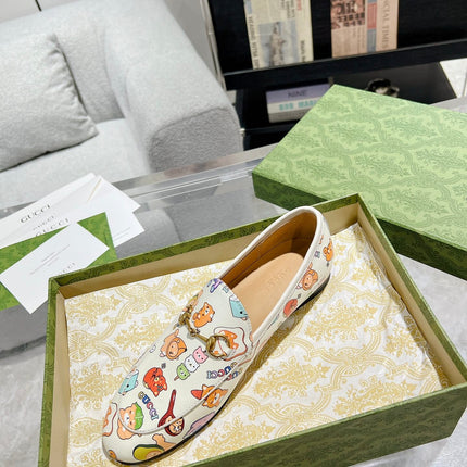 HORSEBIT LOAFER WITH CUTE ANIMAL PRINT IN WHITE CALFSKIN