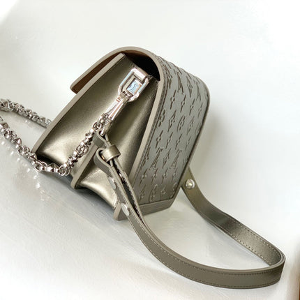 LV 25S MINI DAUPHINE BAG 20 IN BEIGE GRAY MOONOGRAM CALFSKIN SHIMMERING METALLIC GOLD