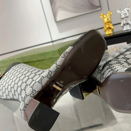 GG KNEE BOOTS IN LIGHT GRAY MONOGRAM CANVAS AND BLACK GLOSSY SHEEPSKIN