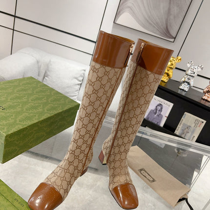GG KNEE BOOTS IN BRONZE BROWN MONOGRAM CANVAS AND GLOSSY SHEEPSKIN