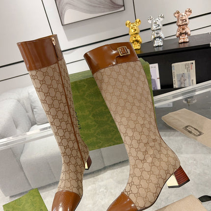 GG KNEE BOOTS IN BRONZE BROWN MONOGRAM CANVAS AND GLOSSY SHEEPSKIN