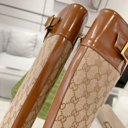 GG KNEE BOOTS IN BRONZE BROWN MONOGRAM CANVAS AND GLOSSY SHEEPSKIN