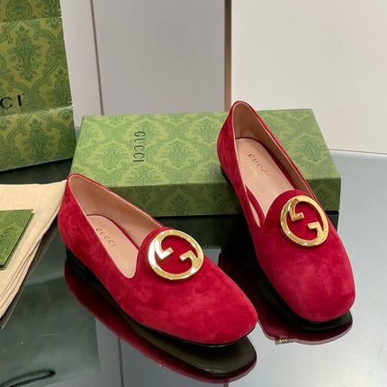 BLONDIE LOGO-PLAQUE LOAFERS IN CRIMSON RED SUEDE WITH GOLD HARDWARE
