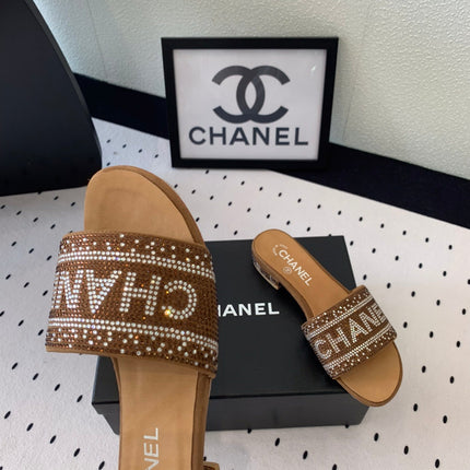 CC RHINESTONE LETTER SLIPPERS CINNAMON BROWN LAMBSKIN