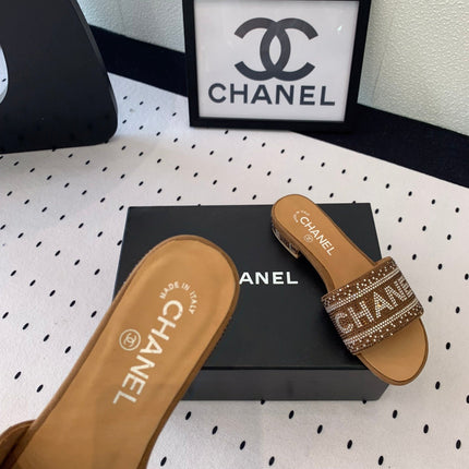 CC RHINESTONE LETTER SLIPPERS CINNAMON BROWN LAMBSKIN