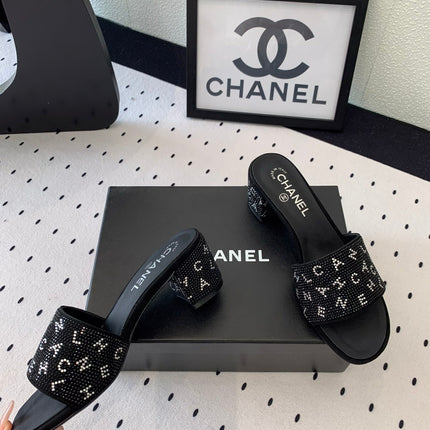 RHINESTONE LETTER HIGH HEELS BLACK LAMBSKIN