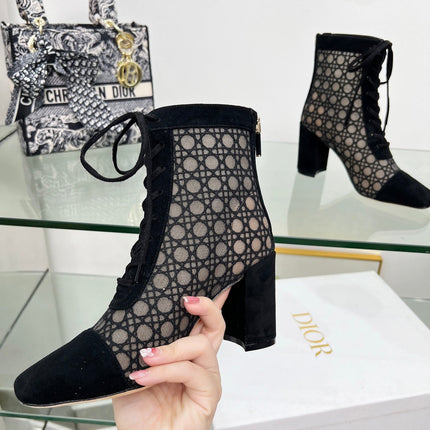 NAUGHTILY-D HEELED ANKLE BOOT IN BLACK CANNAGE MOTIF MESH AND SUEDE 8 CM