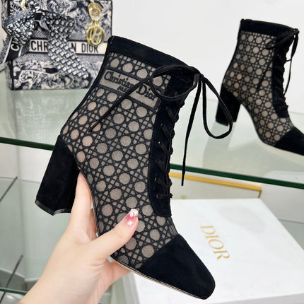 NAUGHTILY-D HEELED ANKLE BOOT IN BLACK CANNAGE MOTIF MESH AND SUEDE 8 CM