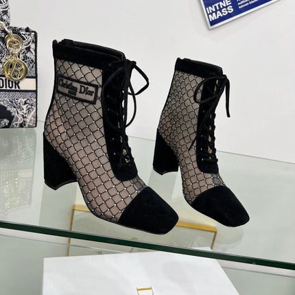 NAUGHTILY-D HEELED ANKLE BOOT IN BLACK EMBROIDERED MESH AND SUEDE 8 CM