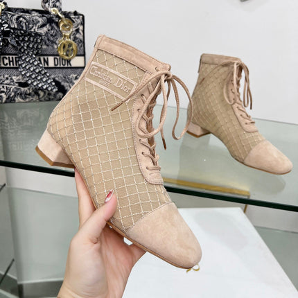 NAUGHTILY-D HEELED ANKLE BOOT IN BISQUE BEIGE EMBROIDERED MESH AND SUEDE 35 MM