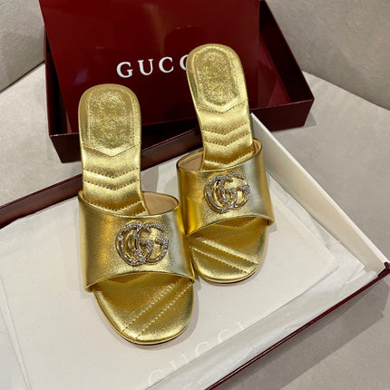 GG HIGH HEELS 70 IN SHINY GOLD LAMBSKIN GOLD HARDWARE WITH CRYSTALS