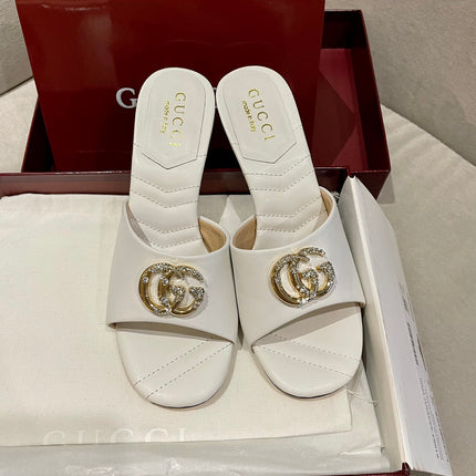 GG HIGH HEELS 70 IN WHITE LAMBSKIN GOLD HARDWARE WITH CRYSTALS