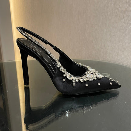 GG HIGH SLINGBACK 105 IN BLACK SATIN WITH CRYSTAL DIAMONDS