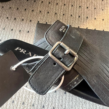 PRADA 25S SHUFFLE LEATHER THONG SANDALS IN BLACK CALFSKIN
