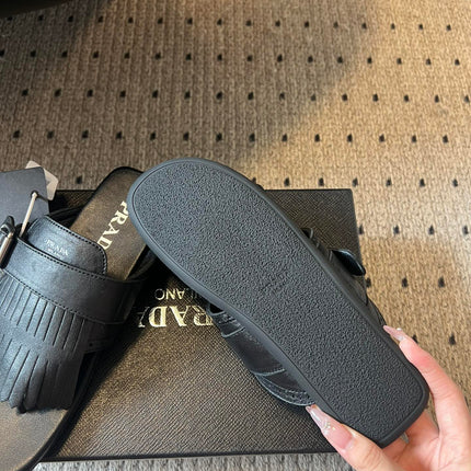 PRADA 25S SHUFFLE LEATHER THONG SANDALS IN BLACK CALFSKIN