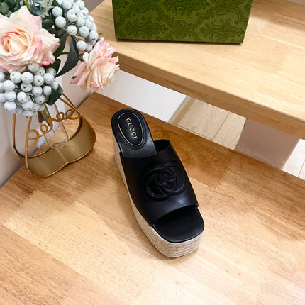 HIGH 10CM WEDGE SANDALS IN BLACK SHEEPSKIN