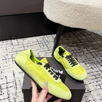 PRADA 25S COLLAPSE SNEAKERS IN LIME GREEN RE NYLON AND SUEDE