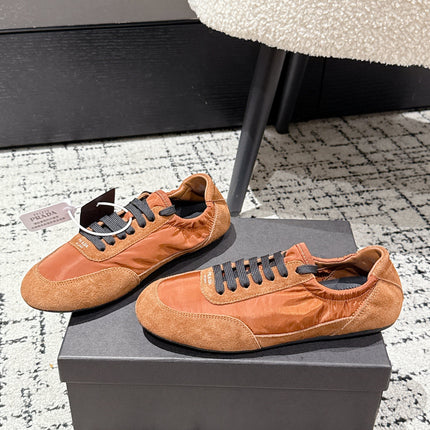 PRADA 25S COLLAPSE SNEAKERS IN BURNT ORANGE RE NYLON AND SUEDE