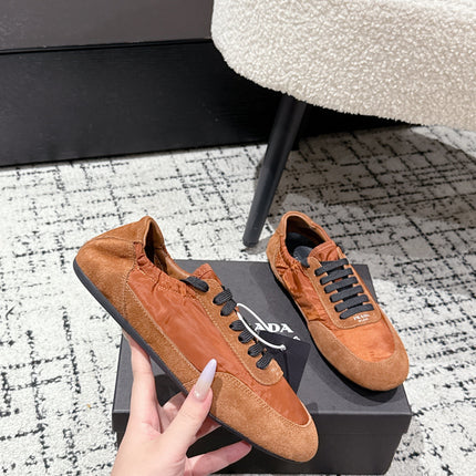 PRADA 25S COLLAPSE SNEAKERS IN BURNT ORANGE RE NYLON AND SUEDE