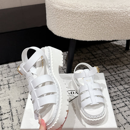 PRADA 25S FISHERMAN OPEN TOE SANDALS IN WHITE CALFSKIN