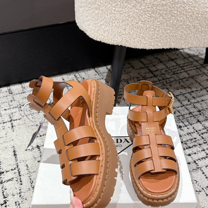 PRADA 25S HIGH TOP OPEN TOE FISHERMAN SANDALS IN BURNT ORANGE CALFSKIN