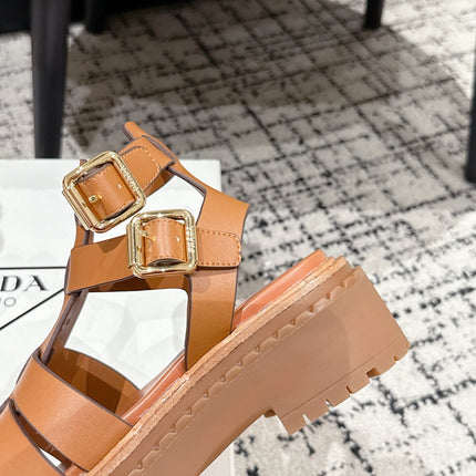 PRADA 25S HIGH TOP OPEN TOE FISHERMAN SANDALS IN BURNT ORANGE CALFSKIN